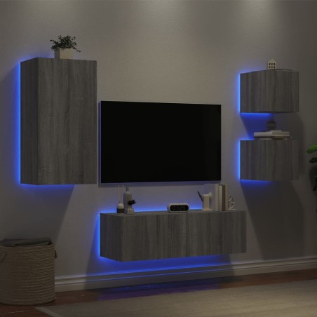 Meuble TV muraux 4 pcs avec lumières LED sonoma gris 