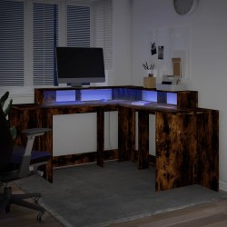 Bureau et lumières LED chêne fumé 152x152x91cm bois ingénierie 