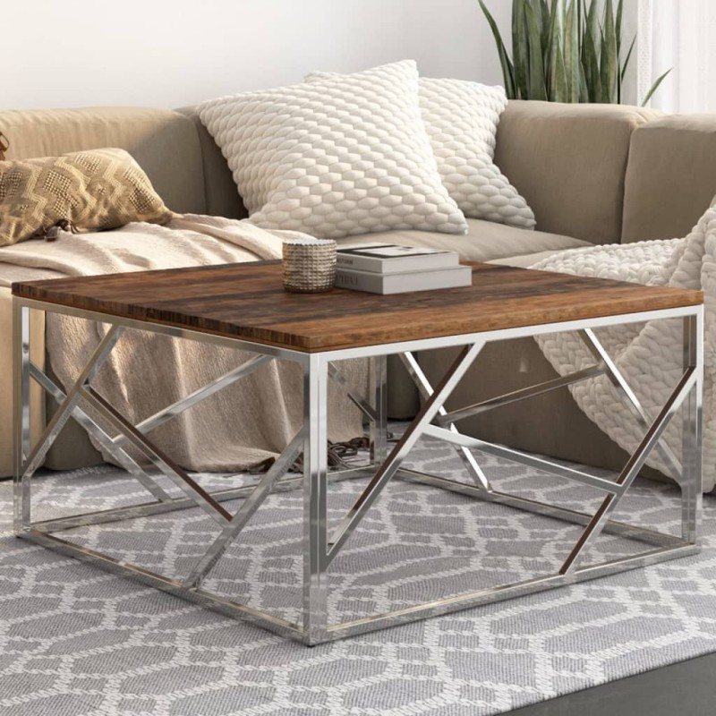 Table basse argenté inox et bois de mélèze massif Table basse argenté inox et bois de mélèze massif