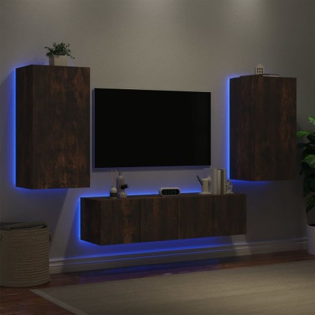 Unités murales TV avec LED 4 pcs chêne fumé bois d'ingénierie 