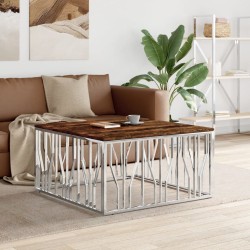 Table basse argenté acier inoxydable/bois massif récupération 