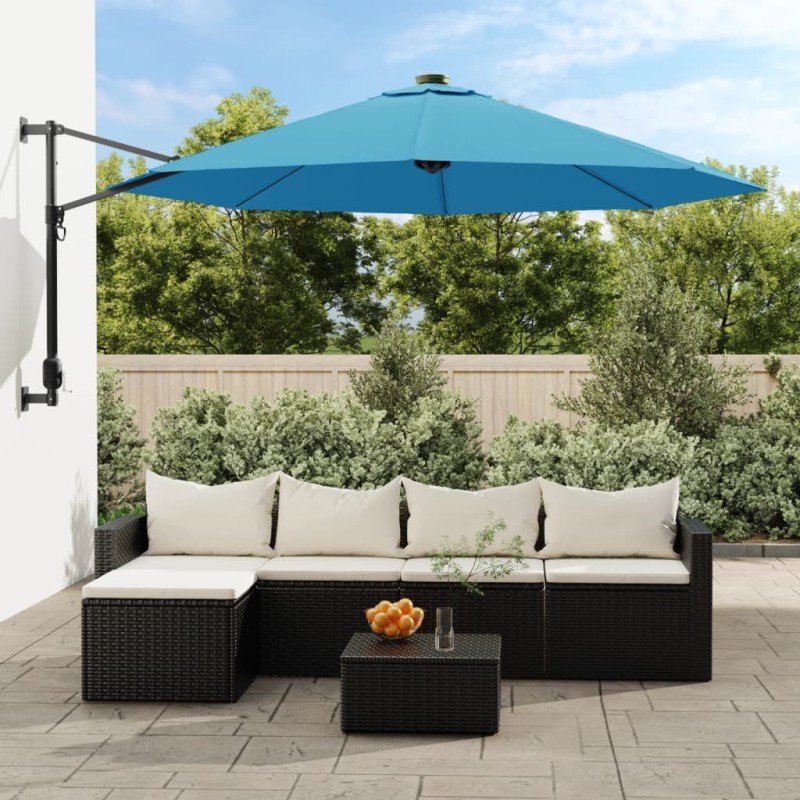 Parasol mural avec LED bleu mer 290 cm 