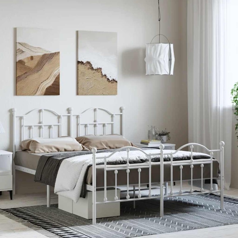 Cadre de lit métal sans matelas et pied de lit blanc 135x190 cm 