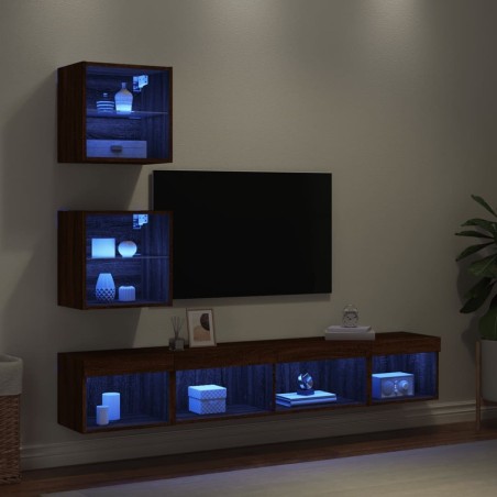 Unités murales TV avec LED 5 pcs chêne marron bois d'ingénierie 