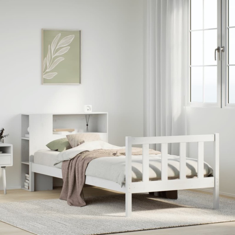 Lit bibliothèque sans matelas blanc 90x200cm bois de pin massif 