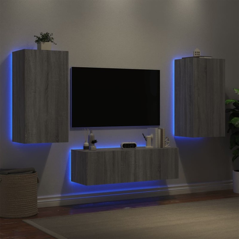 Meuble TV muraux 3 pcs avec lumières LED sonoma gris 