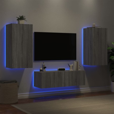 Meuble TV muraux 3 pcs avec lumières LED sonoma gris 
