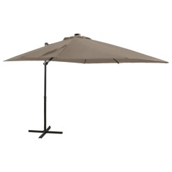 Parasol de jardin en porte-à-faux et mât et lumières LED taupe 