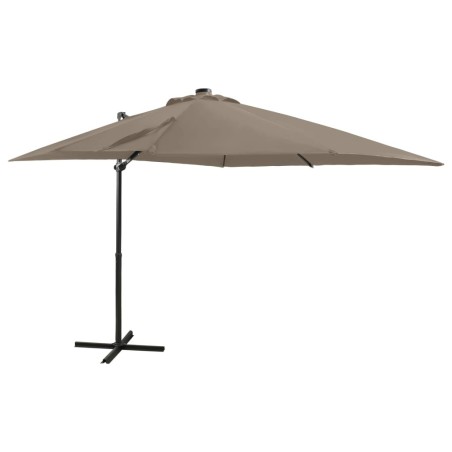 Parasol de jardin en porte-à-faux et mât et lumières LED taupe 