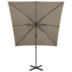Parasol de jardin en porte-à-faux et mât et lumières LED taupe 