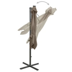 Parasol de jardin en porte-à-faux et mât et lumières LED taupe 
