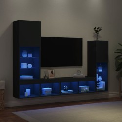 Unités murales TV avec LED 4 pcs noir bois d'ingénierie 