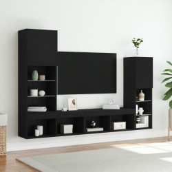 Unités murales TV avec LED 4 pcs noir bois d'ingénierie 