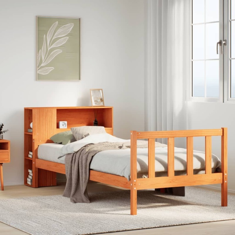 Lit bibliothèque sans matelas cire marron 90x190 cm bois massif 