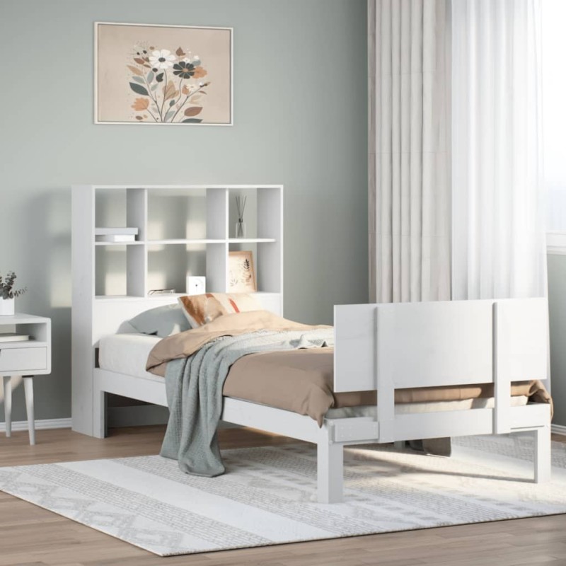 Lit bibliothèque sans matelas blanc 90x200cm bois de pin massif 