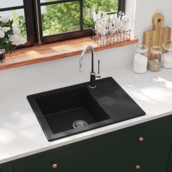 Évier de cuisine avec trou de trop-plein ovale Noir Granit 