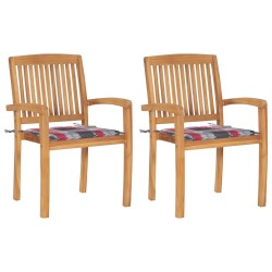 Chaises de jardin lot de 2 avec coussins à carreaux rouges Teck 