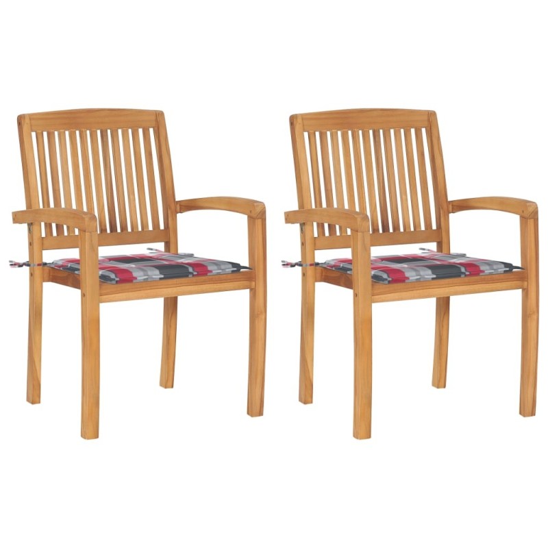 Chaises de jardin lot de 2 avec coussins à carreaux rouges Teck 