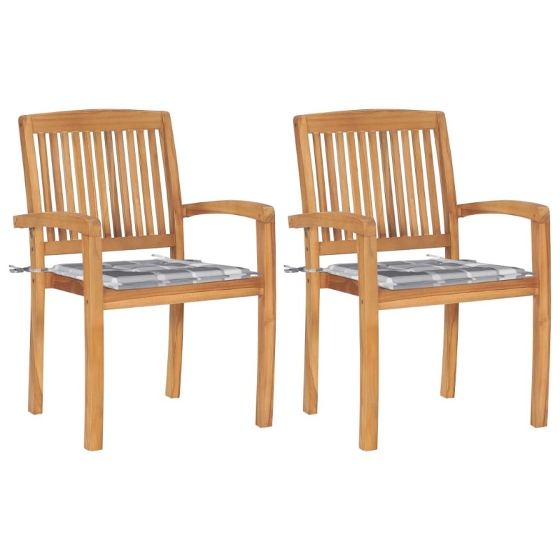 Chaises de jardin lot de 2 avec coussins à carreaux gris Teck 