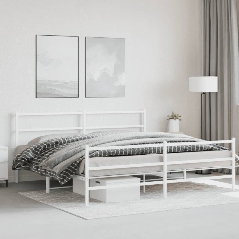 Cadre de lit métal sans matelas et pied de lit blanc 200x200 cm 