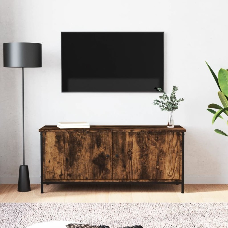 Meuble TV avec portes chêne fumé 102x35x45 cm bois d'ingénierie Meuble TV avec portes chêne fumé 102x35x45 cm bois d'ingénierie