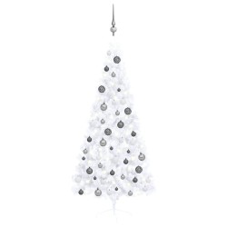 Demi-arbre de Noël artificiel pré-éclairé et boules blanc 180cm 
