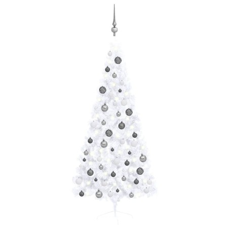 Demi-arbre de Noël artificiel pré-éclairé et boules blanc 180cm 