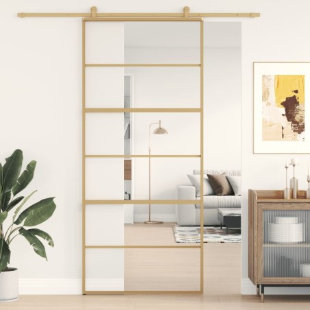 Porte coulissante doré 90x205 cm verre ESG clair et aluminium 