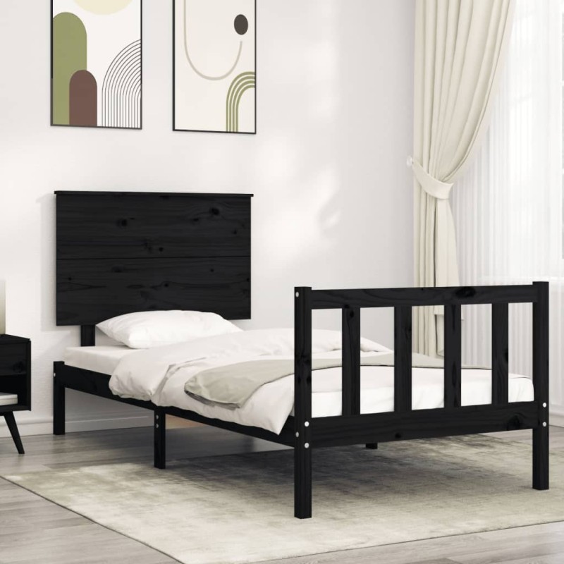 Cadre de lit sans matelas noir bois de pin massif 