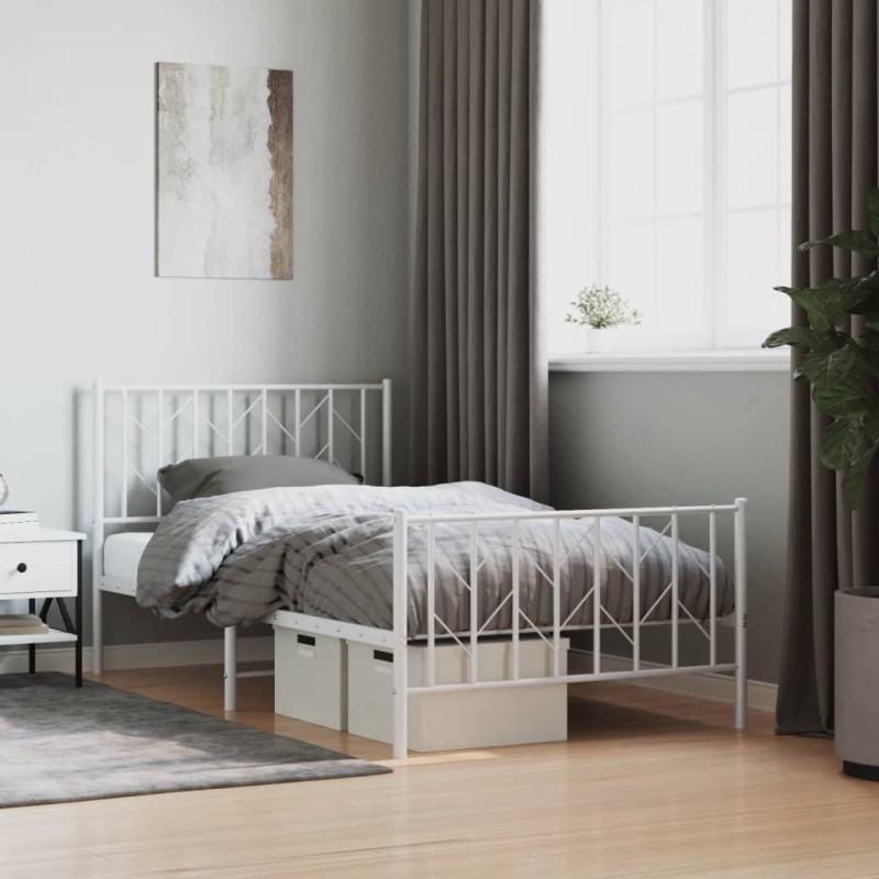 Cadre de lit métal sans matelas et pied de lit blanc 100x190 cm 