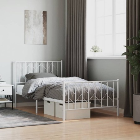 Cadre de lit métal sans matelas et pied de lit blanc 100x190 cm 