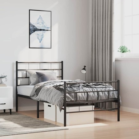 Cadre de lit métal sans matelas avec pied de lit noir 100x190cm 
