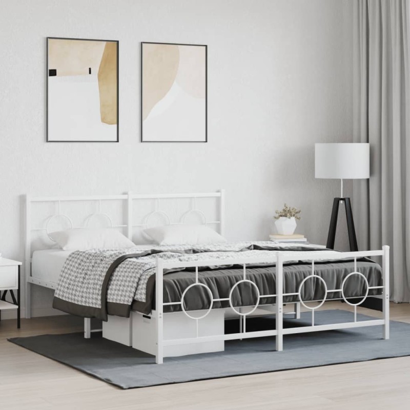 Cadre de lit métal sans matelas et pied de lit blanc 150x200 cm 