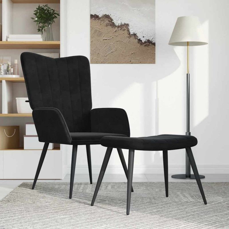 Chaise de relaxation avec tabouret Noir Velours Chaise de relaxation avec tabouret Noir Velours