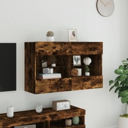 Meuble TV mural avec lumières LED chêne fumé 98,5x30x60,5 cm 