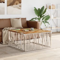 Table basse argenté acier inoxydable et bois massif d'acacia 