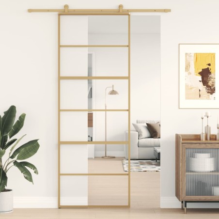 Porte coulissante doré 76x205 cm verre ESG clair et aluminium 
