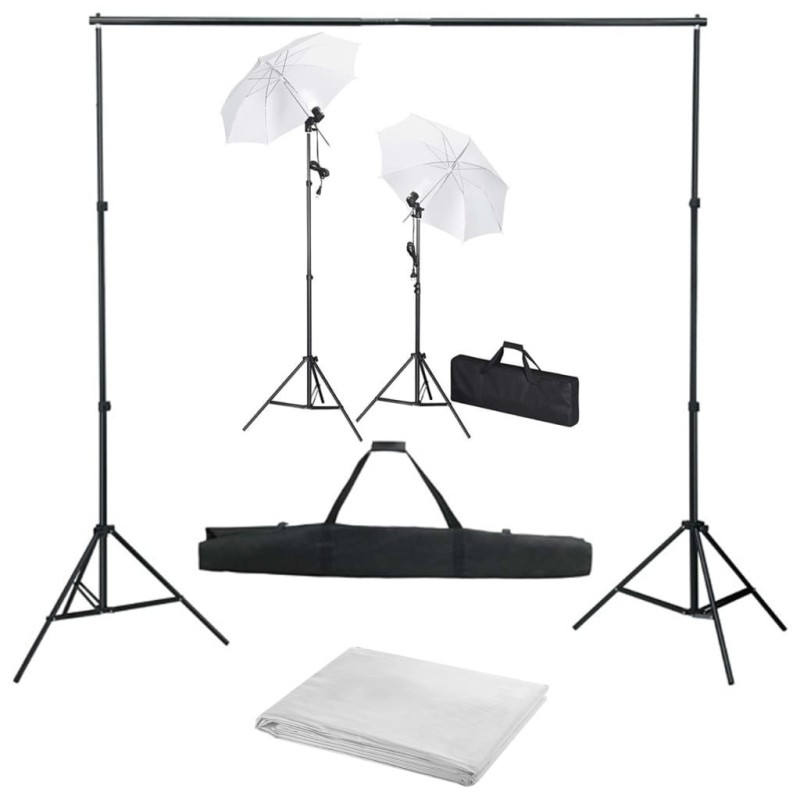 Kit de studio photo avec toile de fond lampes et parapluies 
