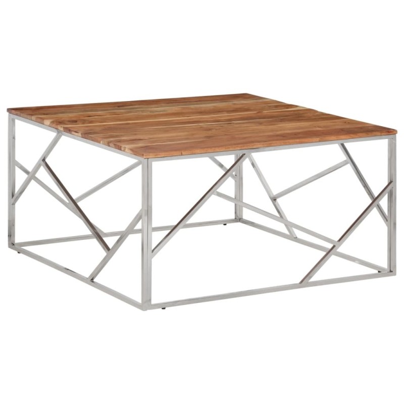 Table basse argenté acier inoxydable et bois massif d'acacia 