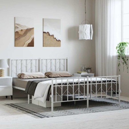 Cadre de lit métal sans matelas et pied de lit blanc 193x203 cm 
