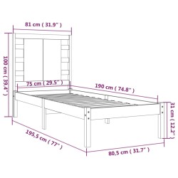 Cadre de lit sans matelas noir 75x190 cm bois massif 