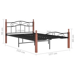 Cadre de lit sans matelas noir métal bois chêne 120x200 cm 