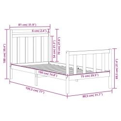 Cadre de lit sans matelas noir 75x190 cm bois massif 