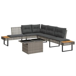 Salon de jardin avec coussins 2pcs gris résine tressée et verre 