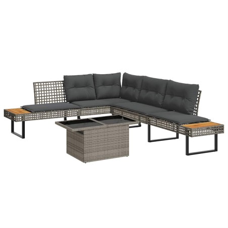 Salon de jardin avec coussins 2pcs gris résine tressée et verre 
