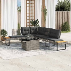 Salon de jardin avec coussins 2pcs gris résine tressée et verre 