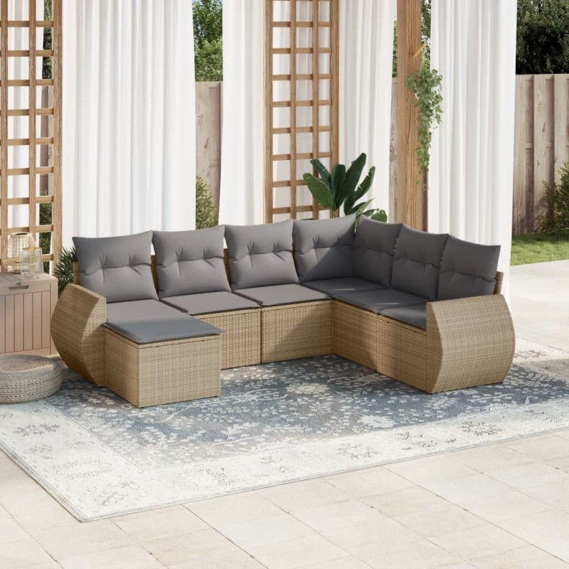 Salon de jardin avec coussins 7 pcs beige résine tressée 