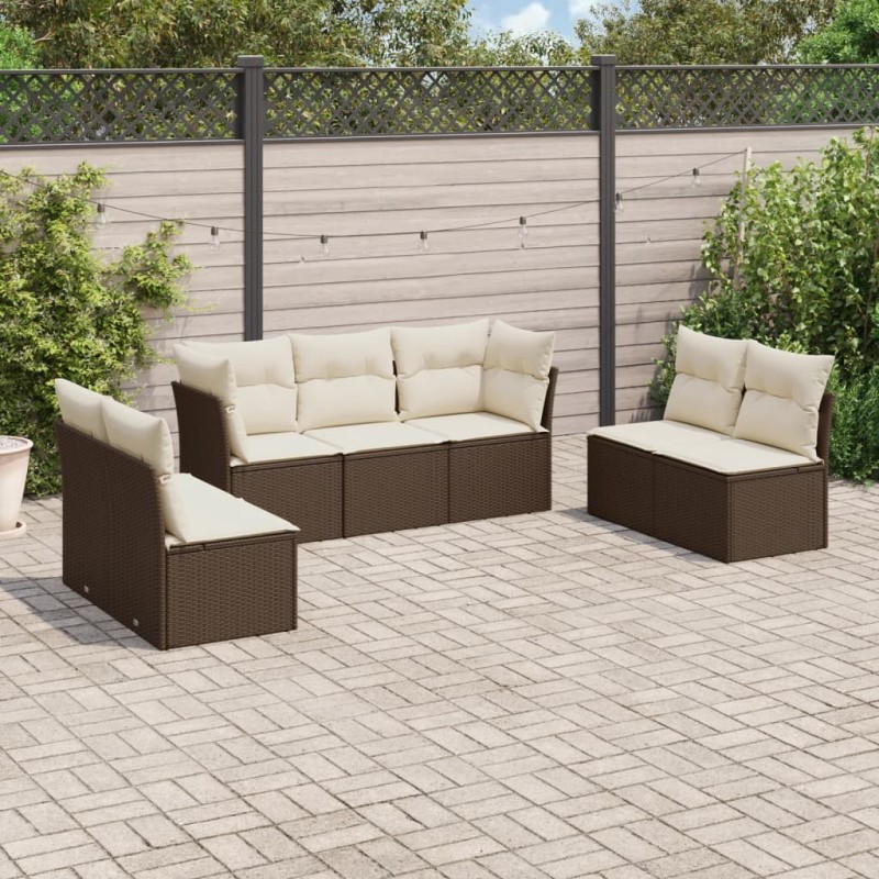 Salon de jardin avec coussins 7 pcs marron résine tressée 
