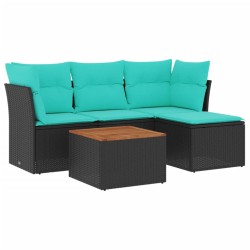 Salon de jardin 5 pcs avec coussins noir résine tressée 