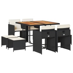 Ensemble à manger de jardin 9pcs coussins noir résine tressée 